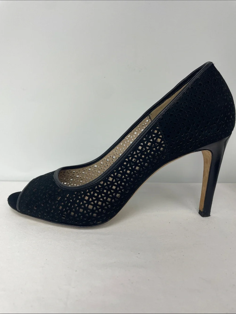 Tory Burch Black Laser-Cut Peep-Toe Pumps, Size 8.5
